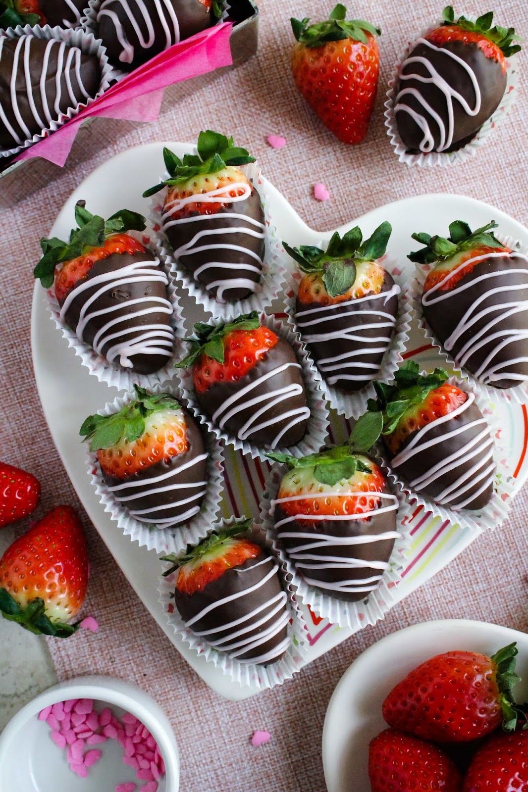 Lush chocolate-dipped strawberries arranged beautifully